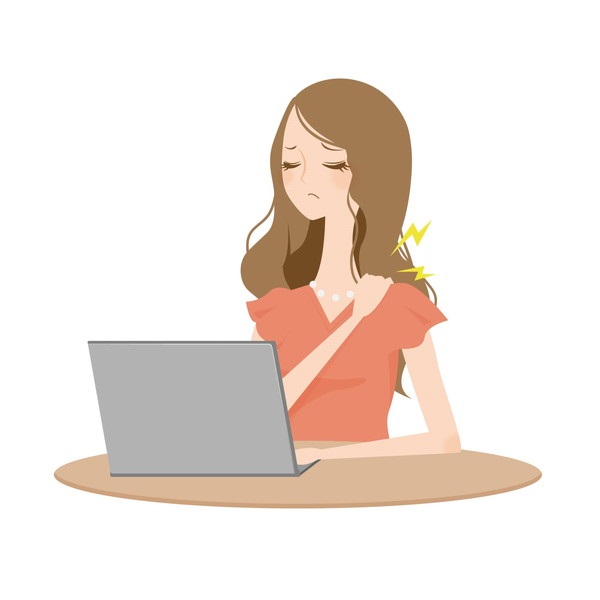 デスクワークで肩がこる女性のイラスト